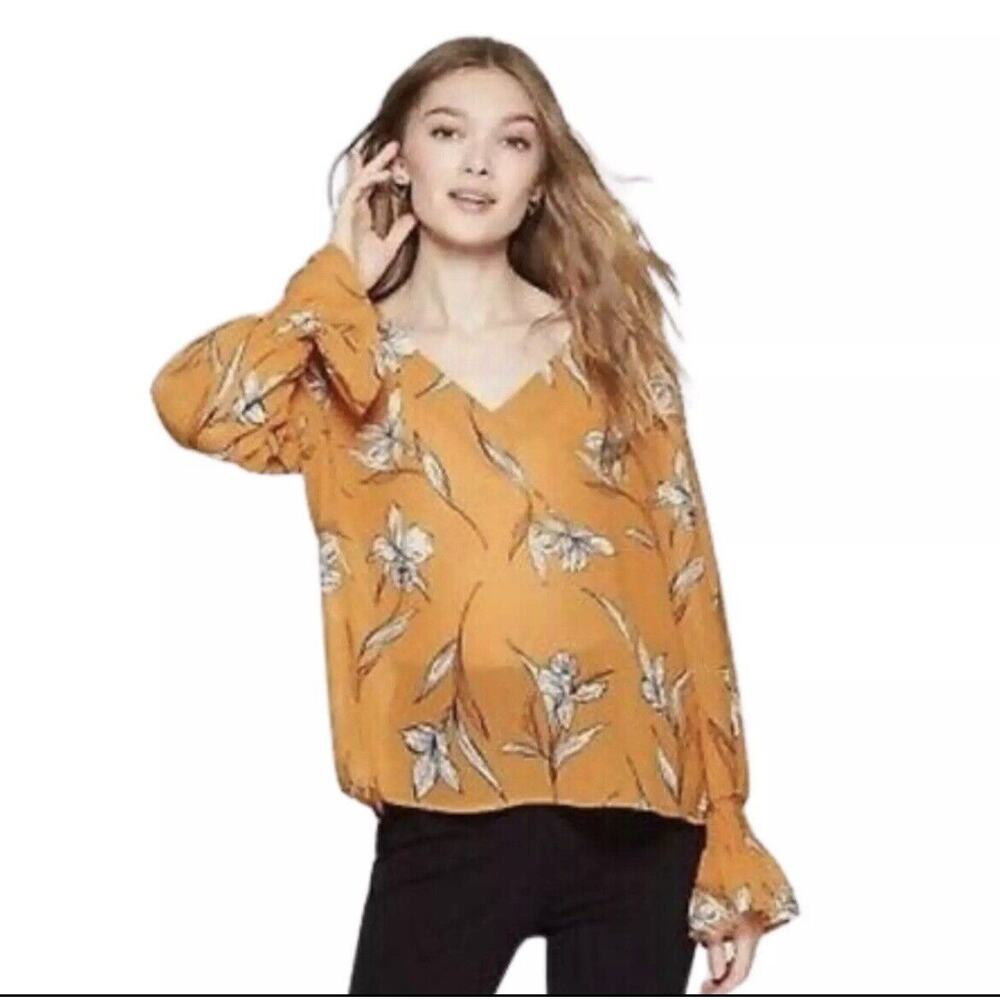 A New Day Women's Sz XL Rust Orange Floral Long Sleeve Sheer Bell Sleeve Top NWT - Picture 2 of 9